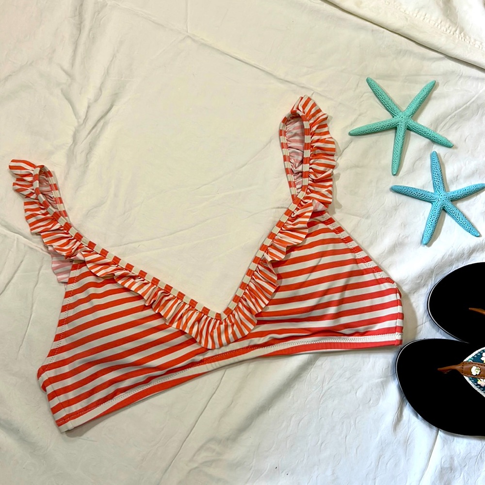 JCrew Ruffled Papaya & White Striped Bathing Suit Top, Large, EUC